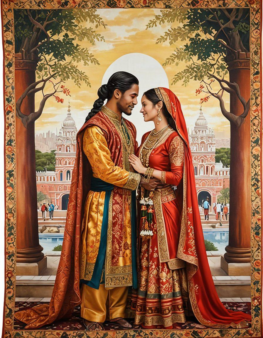 A vibrant tapestry depicting diverse couples from various cultures, entwined in loving gestures, surrounded by symbols of their heritage like traditional attire and artifacts. In the background, subtle silhouettes of historical landmarks representing each culture, all bathed in warm, inviting colors to evoke a sense of connection and emotional warmth. super-realistic. vibrant colors. textured background.