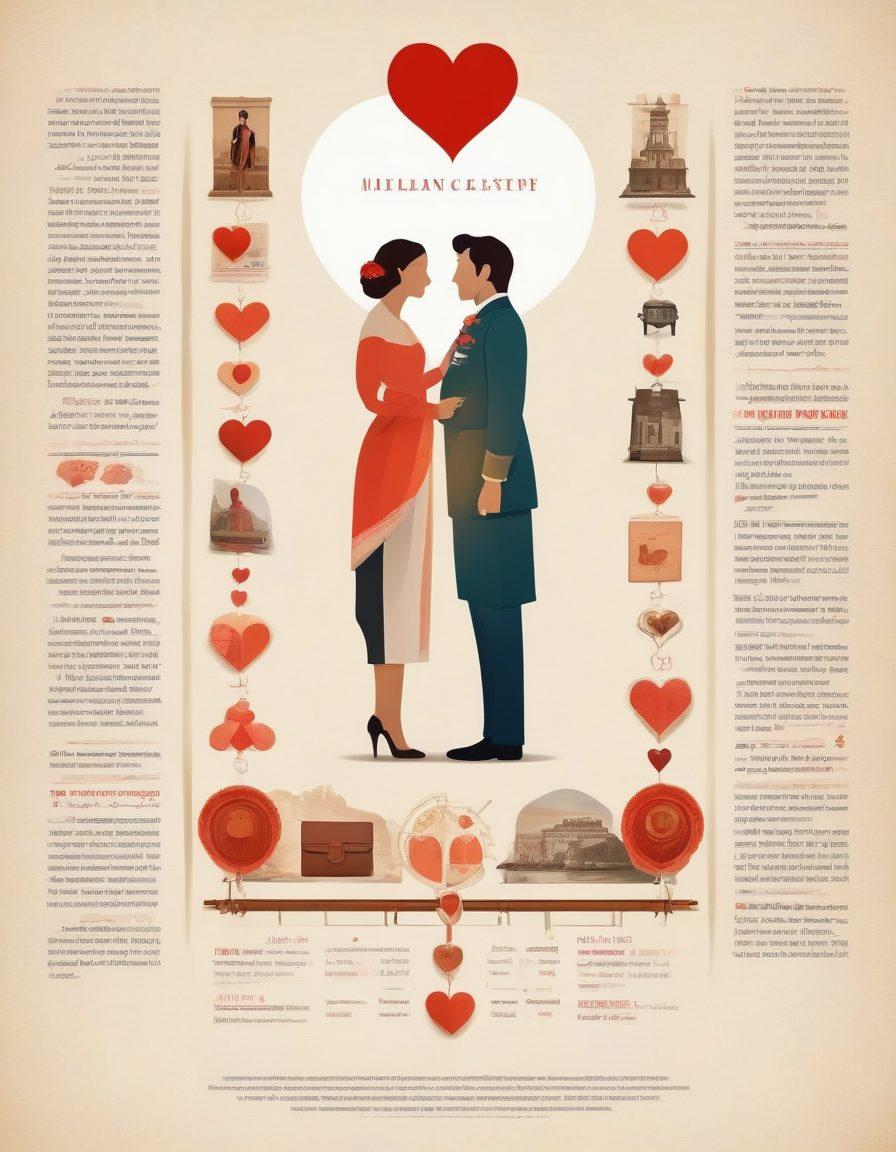 A beautifully illustrated timeline that visually represents the evolution of relationships, featuring romantic symbols from ancient times like love letters and heart-shaped artifacts, transitioning to modern symbols like smartphones and diverse couples. The background could be a subtle gradient transitioning from warm sepia tones to cooler modern hues, emphasizing the passage of time. Include visually appealing graphics of iconic love stories, historical figures, and modern couples in different cultural attire to showcase diversity. detailed vector art. vibrant colors. white background.