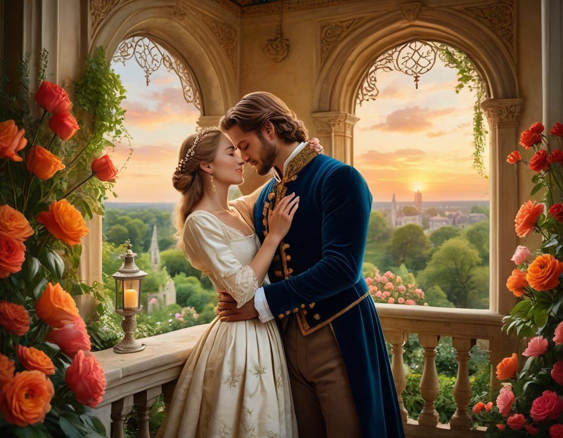 A beautifully illustrated timeline showcasing iconic romantic moments throughout history, including a medieval couple in a lush garden, Victorian lovers exchanging letters by candlelight, and a modern couple taking a selfie, all interconnected by swirling hearts and floral motifs. The background features subtle hints of historical landmarks blending into a soft sunset. vibrant colors. painting.